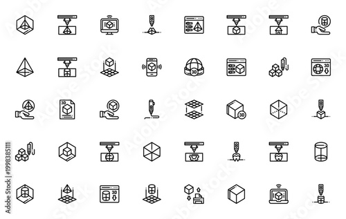 3D Printing icon set. Vector illustration pack. Includes 3d printer, cube, pyramid, cylinder, smartphone, laptop, monitor, layers, tooth and more. Editable stroke.