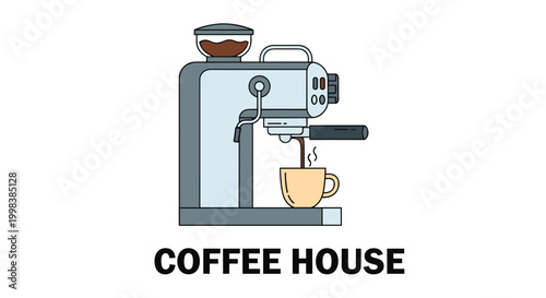 Professional espresso machine pours freshly brewed coffee into a cup for a coffee house or cafe establishment logo.
