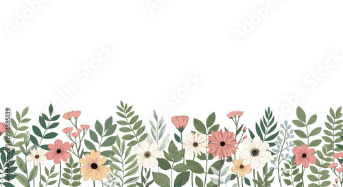 Beautiful floral border features a variety of delicate wildflowers and green leaves arranged along the bottom edge.