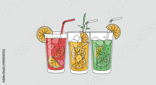 Three tall glasses of refreshing summer cocktails in red, orange, and green colors feature citrus slices and ice.