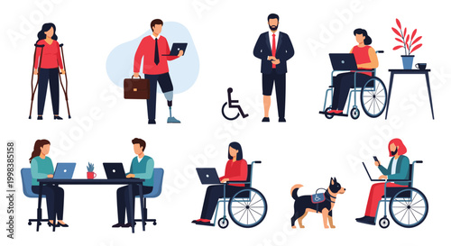 Inclusive workplace illustration shows diverse people with disabilities using laptops and wheelchairs in an office.