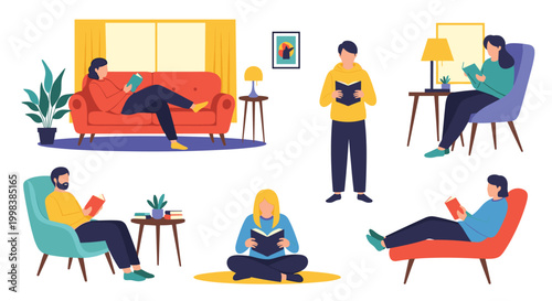 Collection of people shows individuals reading books in various comfortable and relaxed positions at home or library.