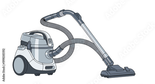 Modern canister vacuum cleaner with a long hose and cleaning head is illustrated for household or appliance design.
