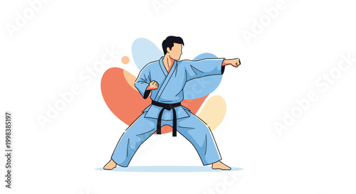 Karate practitioner wearing a blue gi and black belt is shown in a dynamic martial arts punching pose for training.