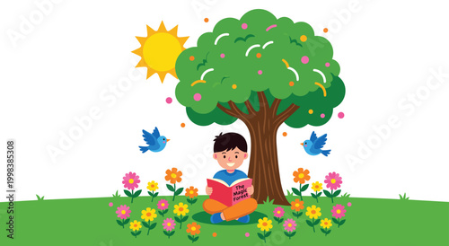 Cute little boy sitting in grassy meadow under large green tree reading magic forest book surrounded by flowers and birds. Charming storybook illustration for children education content.