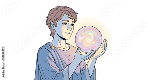 Woman holding crystal ball looking ahead.