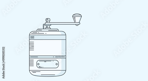 Simple hand coffee grinder illustration in a clean line art style with a light blue tint suitable for cafe menus and vintage kitchen designs.