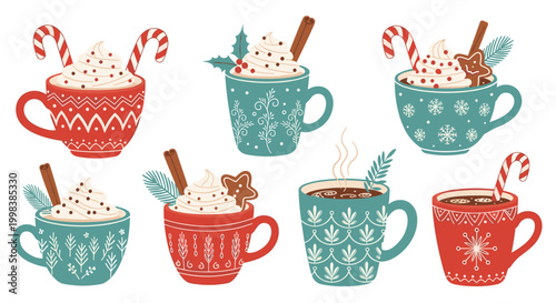 Assortment of cozy Christmas hot chocolate mugs decorated with whipped cream, candy canes, cinnamon sticks, and gingerbread cookies.