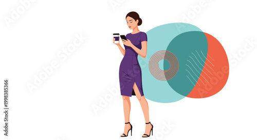 Fashionable businesswoman in a purple dress standing while using her smartphone and holding a coffee cup with an abstract colorful background.