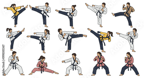 Extensive set of martial arts practitioners in colored uniforms performing kicks and strikes in a simple flat illustration style for sports.