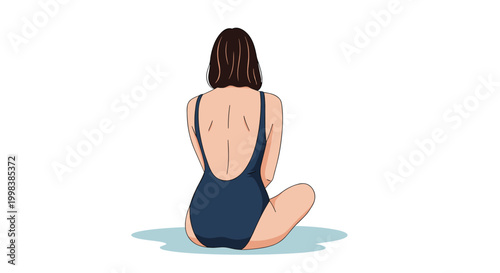 Rear view illustration of a woman with dark hair sitting peacefully in a dark blue swimsuit by the edge of a pool on a white background.