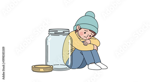 Sad child sitting with jar.