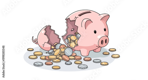 Piggy bank with coins spilling out.