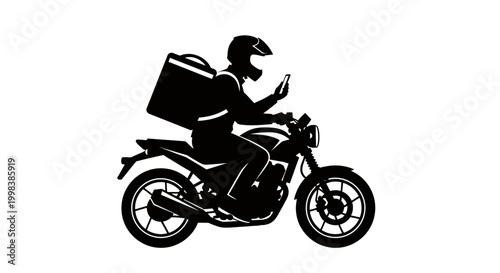 Black silhouette of delivery man on motorcycle with phone