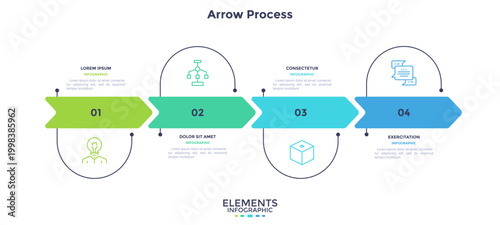 Arrow process infographic with four steps and icons. Horizontal business timeline template for presentation slide. Vector illustration chart for workflow, project planning and data visualization.