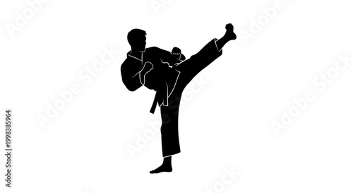 Black silhouette of man kicking in karate uniform
