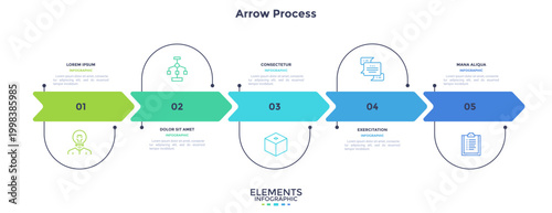 Arrow process infographic with five steps and icons. Horizontal business timeline template for presentation slide. Vector illustration chart for workflow, project planning and data visualization.