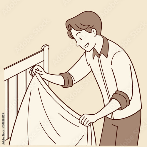 Father Tucking Bed Sheet in Crib