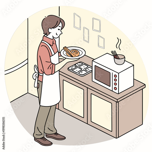 Man reheating food in microwave in kitchen