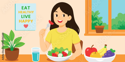 Healthy Eating Flat Illustration with Woman Eating Salad and Fresh Fruits at Home