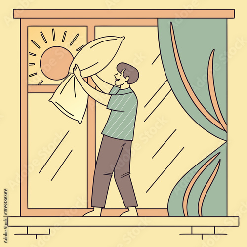 Man airing pillow by window in morning sunlight