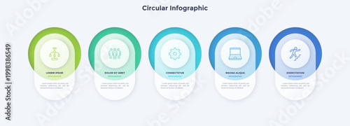 Vector illustration, Circular infographic template with five steps for business presentation slide. Modern diagram layout showing process stages. Financial data visualization tool for strategy