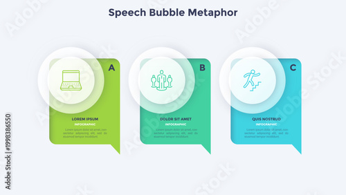 Modern business infographic template with three speech bubble stages. Presentation slide layout featuring laptop, team and step progress icons for data visualization and strategy concept.