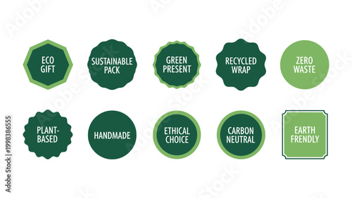 Sustainable Eco-Friendly Badges: An assortment of green badges promoting sustainable practices, including eco-gift, sustainable pack, recycled wrap, zero waste and more. 
