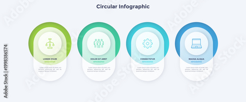 Vector illustration, Circular infographic template with four steps for business presentation slide. Modern diagram layout showing process stages. Financial data visualization tool for strategy