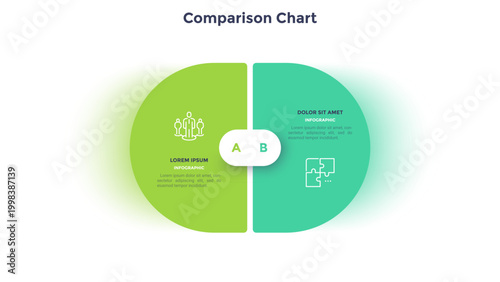 Comparison chart infographic with two segment options. Business presentation template with round shapes for text and logic connection. Vector illustration design element for data analysis concept.