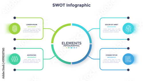 Swot infographic template with four sections and central cycle diagram. Vector illustration, business presentation slide layout for strategic planning and management analysis process. Modern data