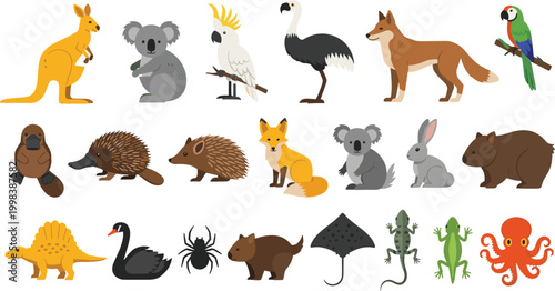 Australian Animal Collection with Kangaroo, Koala, Platypus, Emu, Parrot, Fox, Rabbit, Snake, Octopus, and More for Wildlife, Nature, and Educational Designs