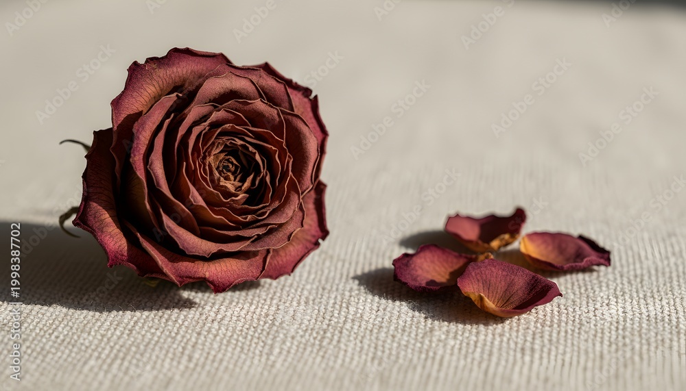 Fototapeta premium Single dried rose and petals lying on linen fabric after the Rose Festival, capturing a melancholy nostalgia concept and the fragile beauty of nature in harsh side lighting