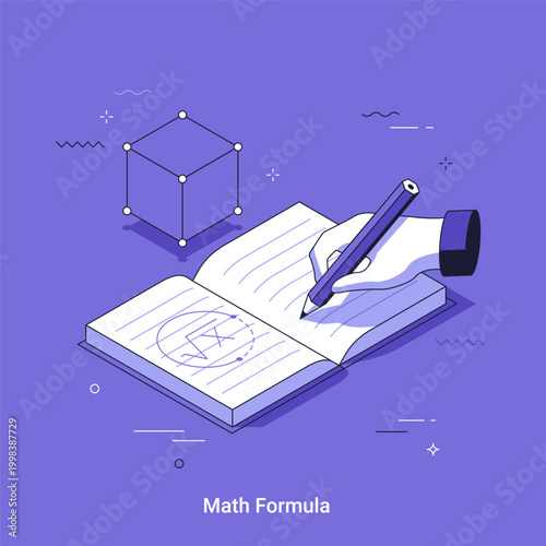 Isometric vector illustration wuth Hand writing math formula in notebook with geometric cube. Mathematical calculation and geometry study. Isometric vector illustration of modern education concept in