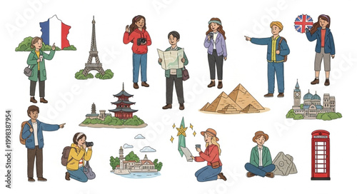 Diverse Group of Travelers Exploring Famous Landmarks and Cultures.