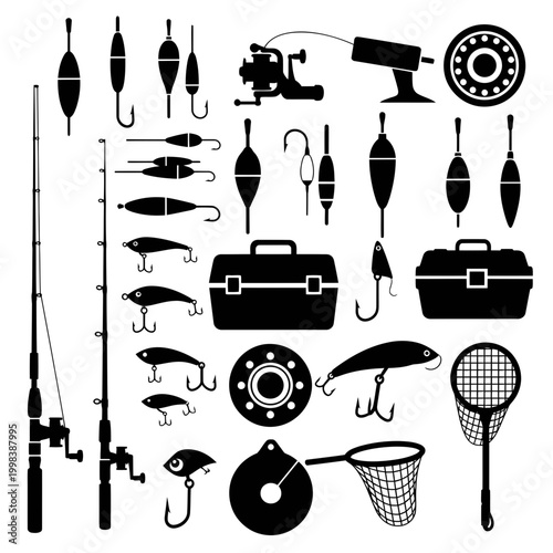 Fishing Gear Silhouette Icons: Rods, Reels, Lures, Floats, Nets, Tackle Box
