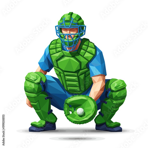 Baseball catcher in protective gear, low poly style, ready to catch ball