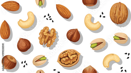 Collection of Various Nuts Including Almonds, Cashews, Walnuts, Hazelnuts, Pistachios, and Seeds for Healthy Snack, Food, and Organic Designs