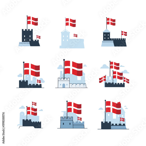 Tableau sur toile Danish Flag Flying Over Historic Castles and Fortresses - Vector Set
