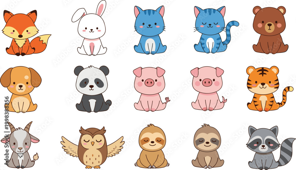 Fototapeta premium Cute Cartoon Animal Set with Fox, Rabbit, Cat, Bear, Dog, Panda, Pig, Tiger, Owl, Sloth, and Raccoon Characters for Kids' Designs, Toys, and Nursery Decor