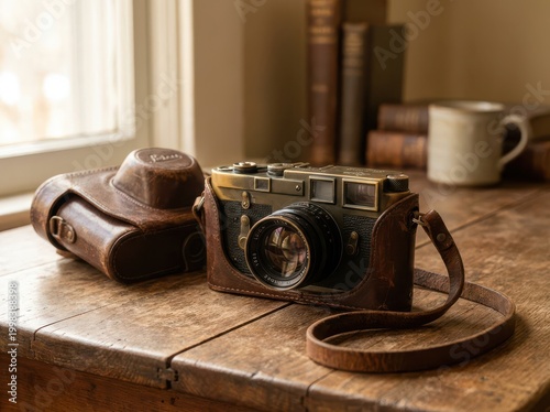 Vintage leica camera in a leather case on a rustic wooden table