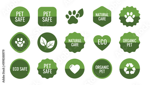 Eco-Friendly Pet Care Badges: A collection of vibrant green badges highlighting natural and safe pet care products, promoting eco-conscious choices.