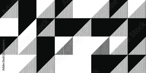 Seamless black and white geometric pattern featuring an abstract 3d vector design of triangles and squares for a modern textured wallpaper backdrop