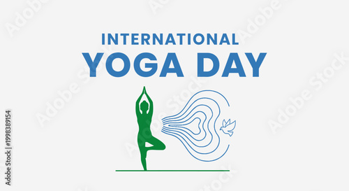 International Yoga Day illustration with person in yoga pose exhaling breath transforming into dove and waves on isolated white background.