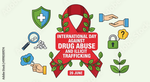 International Day Against Drug Abuse and Illicit Trafficking icon set with prevention, security, and awareness symbols on isolated white background.