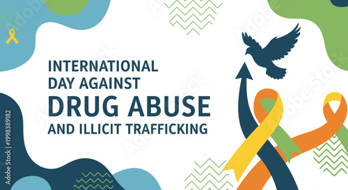 International Day Against Drug Abuse and Illicit Trafficking with flying dove, upward arrow, and intertwined ribbons on bright studio background.