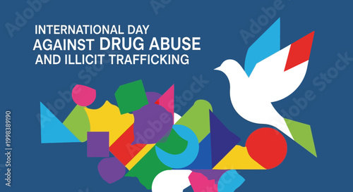 International Day Against Drug Abuse and Illicit Trafficking with world map mosaic and peace dove on isolated white background.
