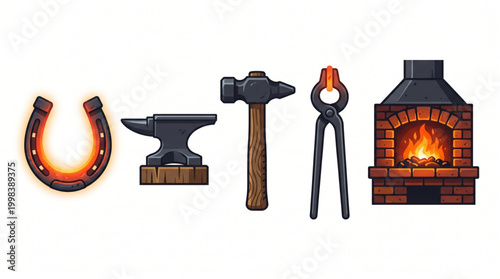Blacksmithing tools and equipment including a horseshoe, anvil, hammer, tongs, and forge with fire