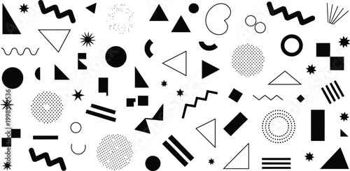 Contemporary black and white abstract geometric pattern design featuring various modern shapes for a stylish background
