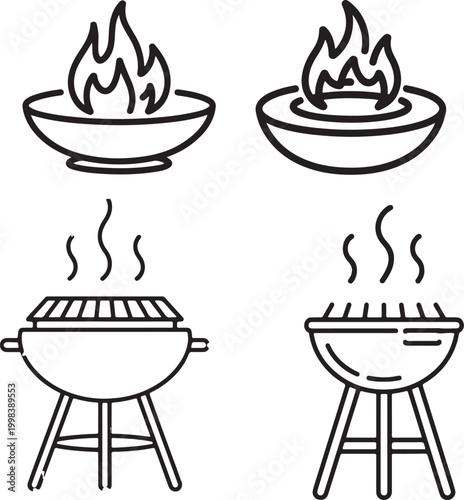 grill and fire icons cooking; summer; backyard; party; outdoor;